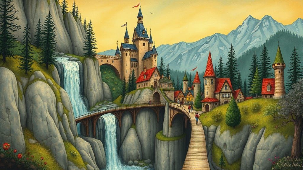 Whimsical Mountain Castle in Vibrant Watercolor Style