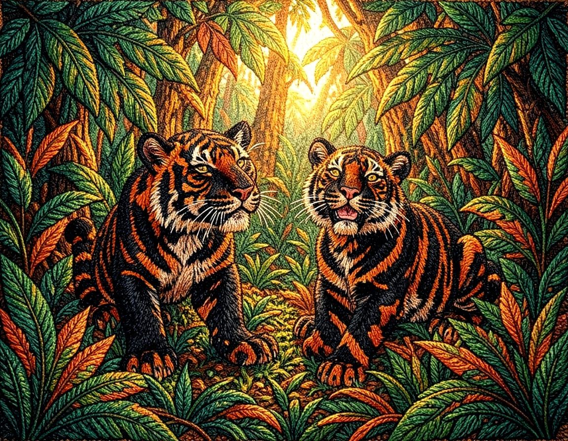 Playful Tiger Cubs in Vibrant Jungle Embroidery Art