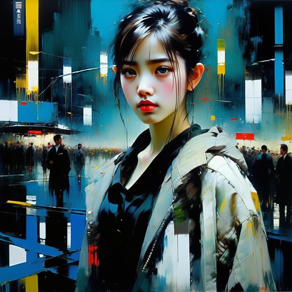 Modern Japanese Businesswoman in Rainy Tokyo, Digital Art