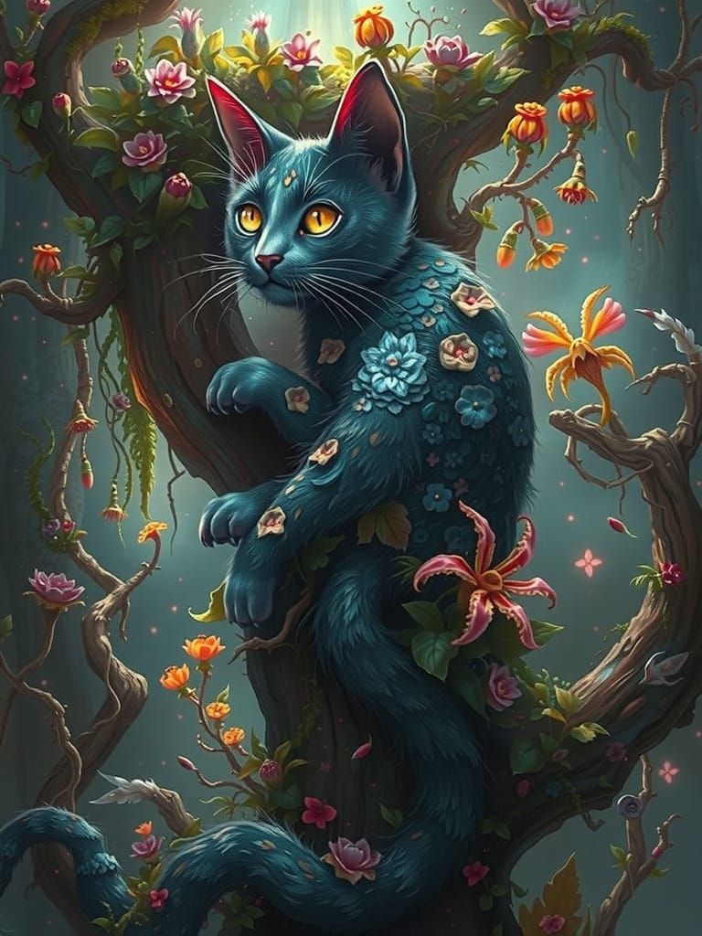 Whimsical Cat in Lush Forest Wonderland