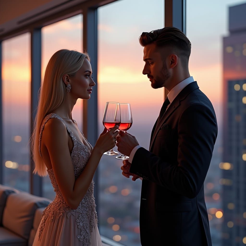 Elegant Couple in Modern Apartment at Dusk