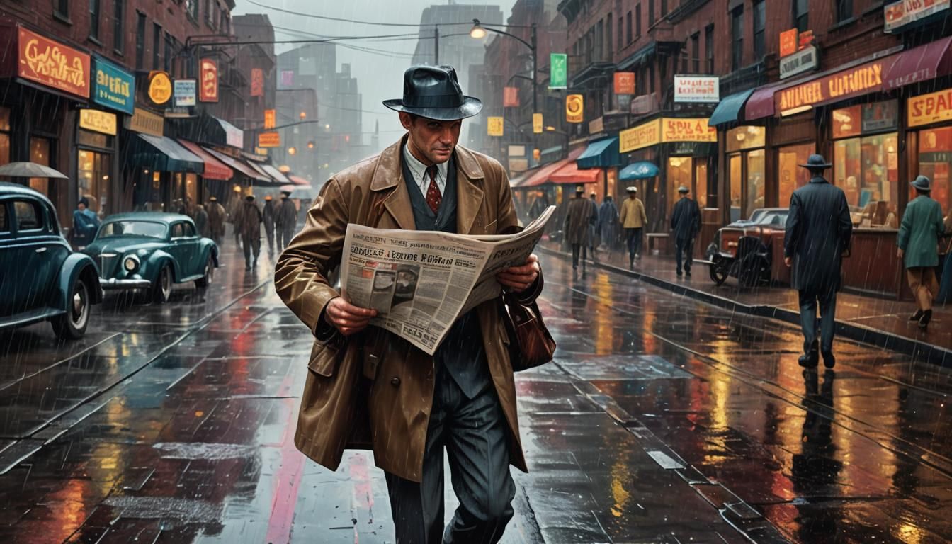 1930s Man Walking in Rainy Street, Oil Painting