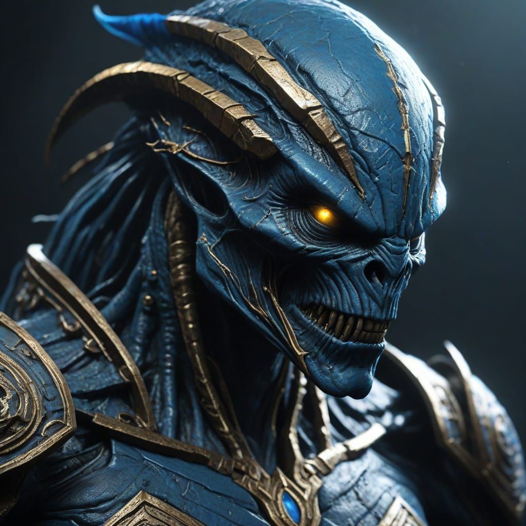 Alien in Dark Space with Glowing Runes