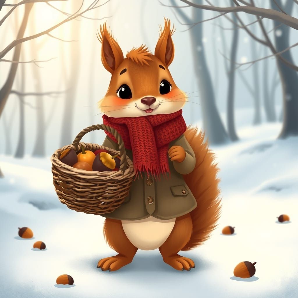 Cute Cartoon Squirrel in Winter Forest Holding Acorns