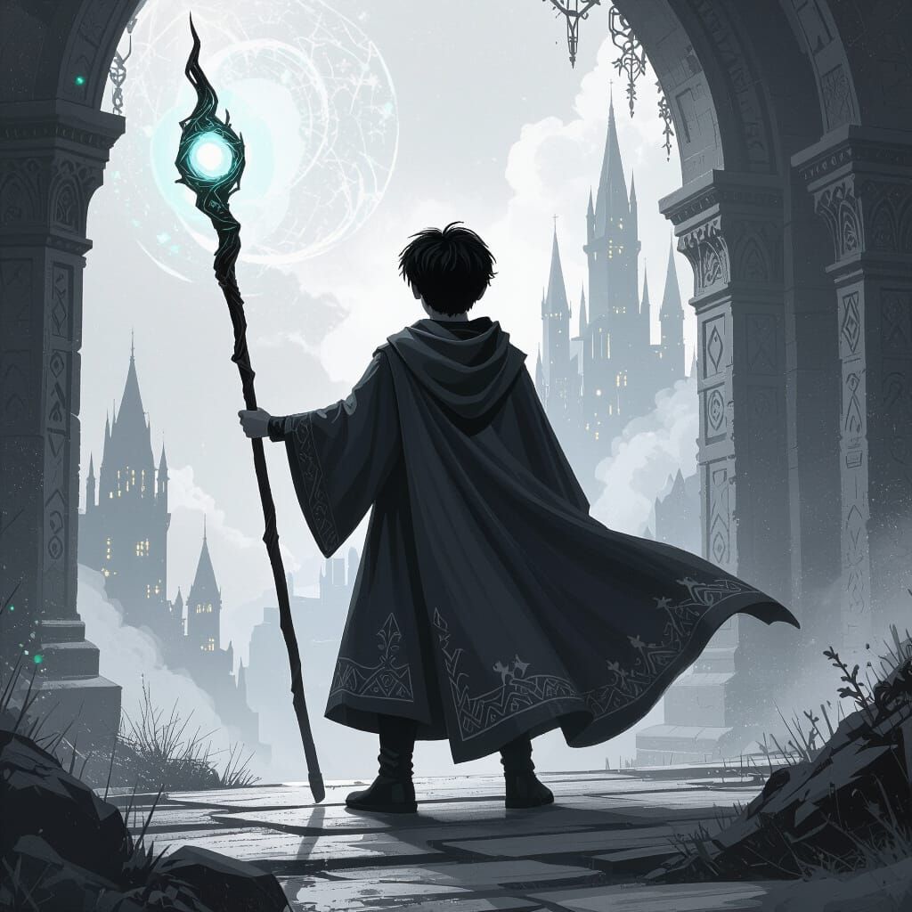 Mystical Boy Wizard in Atmospheric Matte Painting Style
