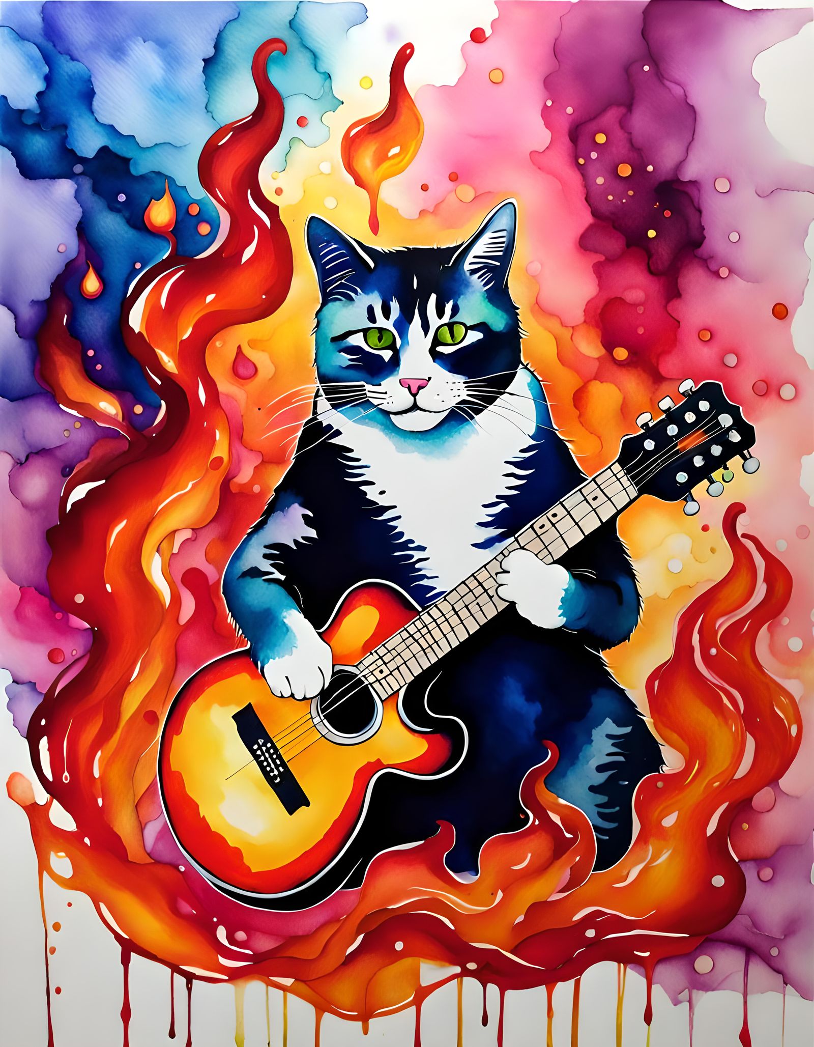 Cat Plays Flaming Guitar with Alcohol Ink Effect