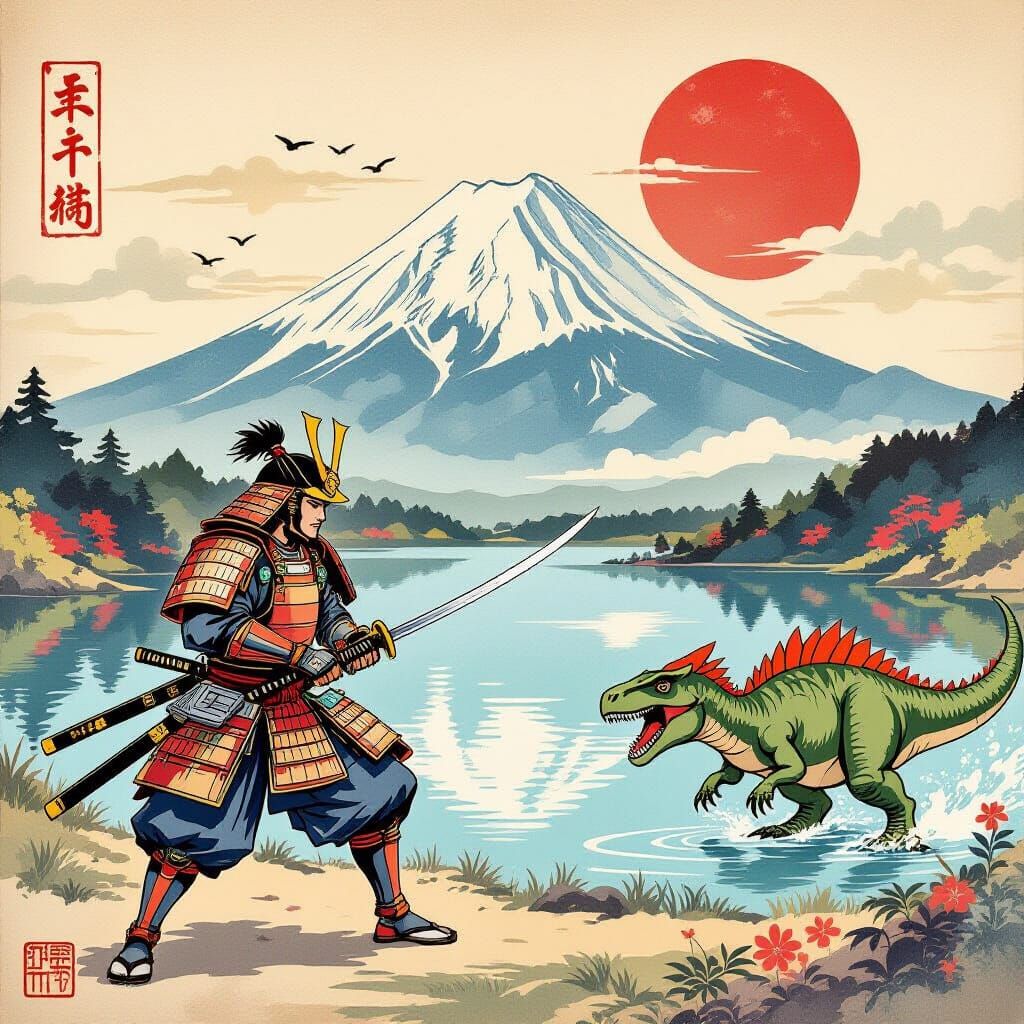 Samurai vs Dinosaurs: Edo Period Ukiyo-e Style