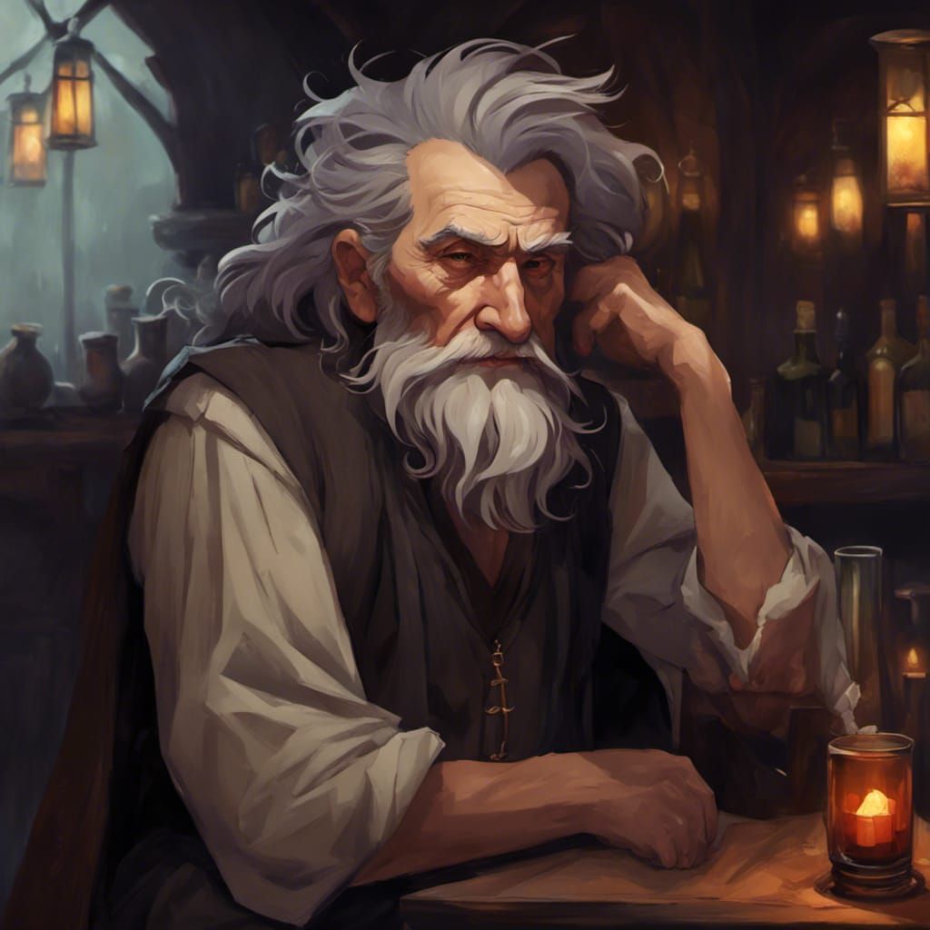 Gloomy Old Man in Medieval Tavern