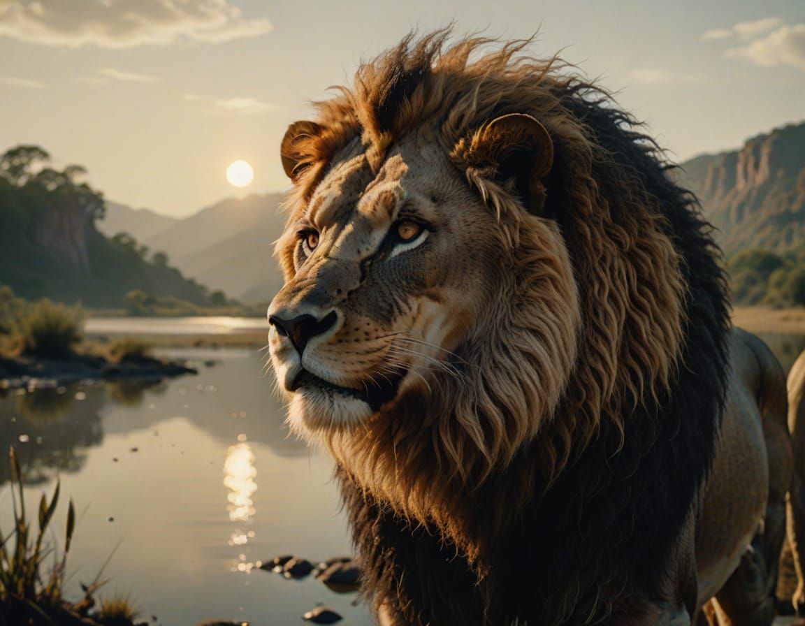 Mythic Lion-Human Hybrid at Golden Sunrise