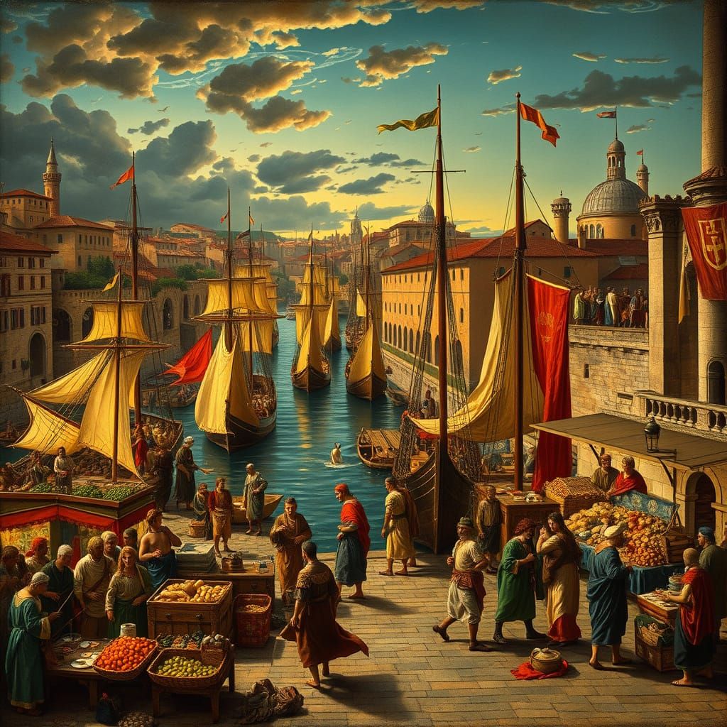 Bustling Roman Port City at Night