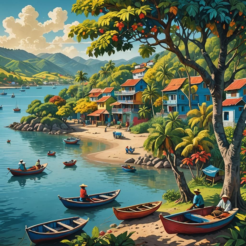 Colorful Colombian Village Illustration in Magical Realism S...