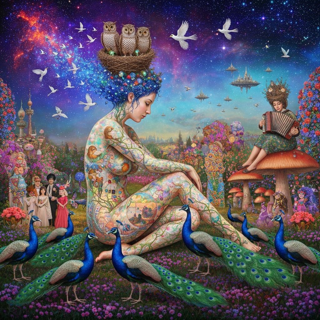 Ethereal Woman Transforms into Glowing Birds Amidst Cosmic E...