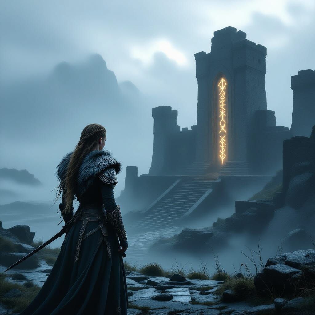 Viking Princess on Ancient Ruins in Moody Cinematic Style