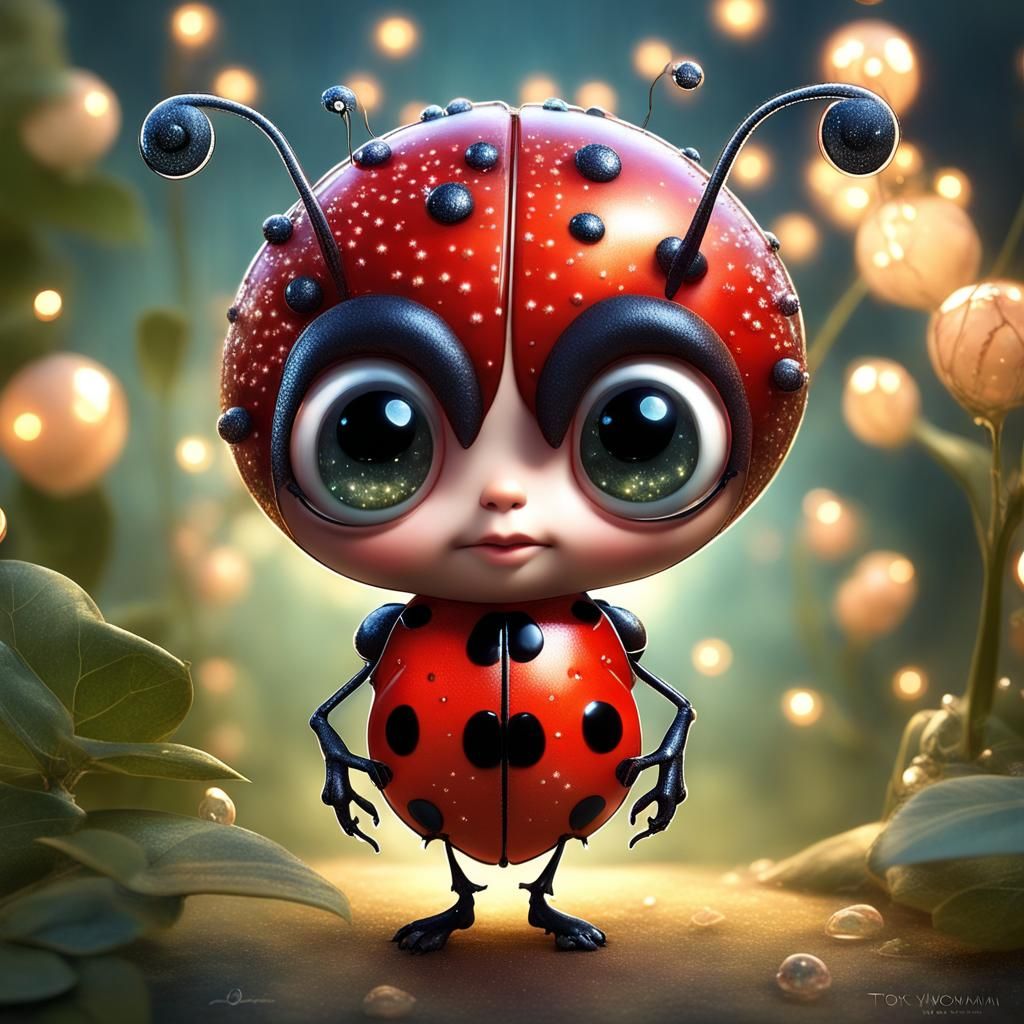 Chibi Ladybug with Fairy Lights in Ornate Fantasy Style