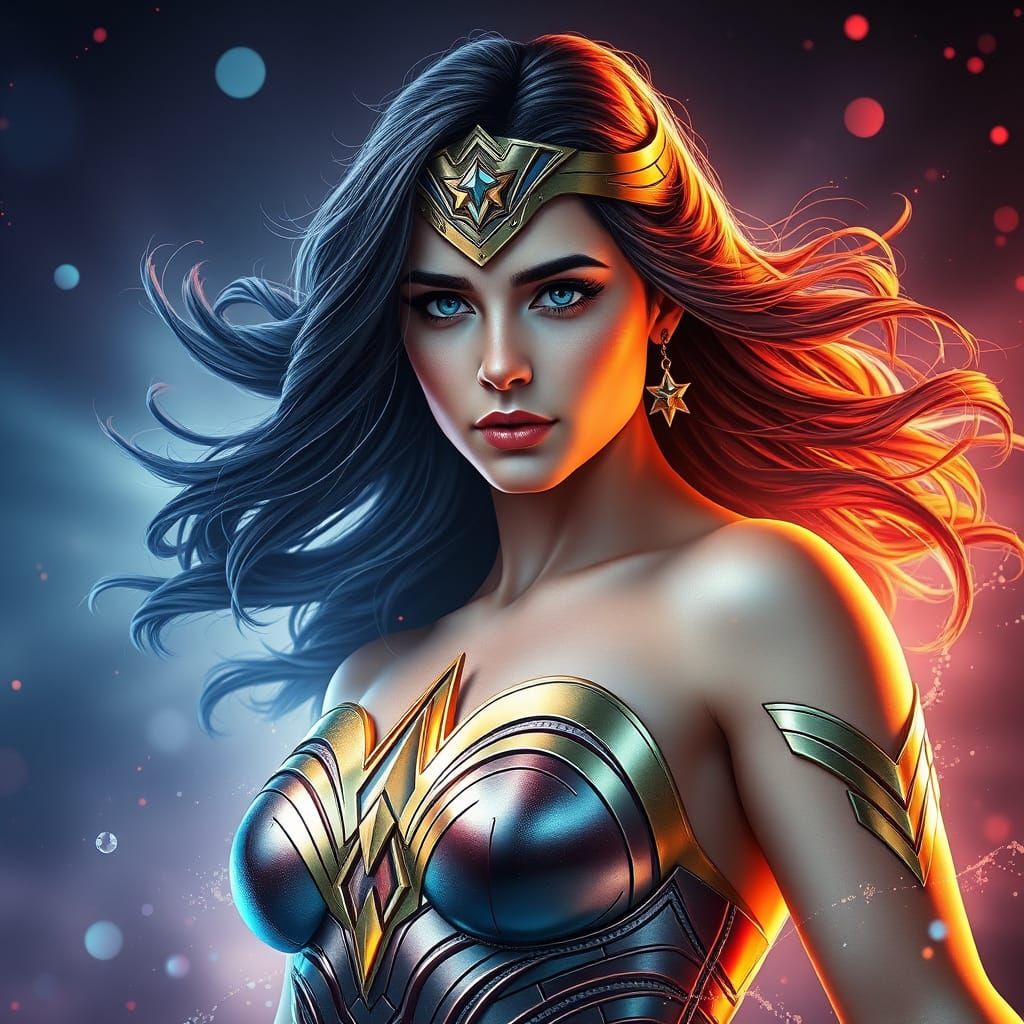 Wonder Woman in a Fantastical Aurora Landscape