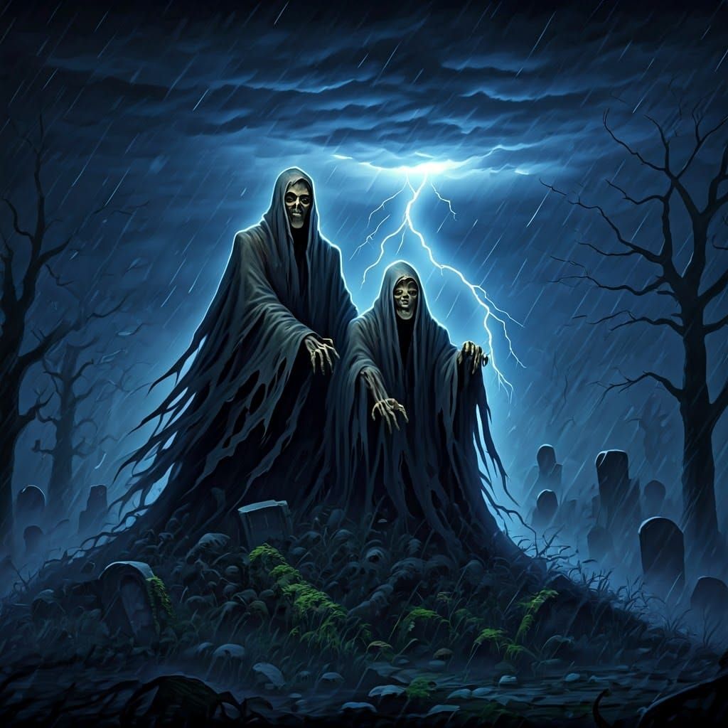 Gothic Ghouls Emerge from Graves on Stormy Halloween Night