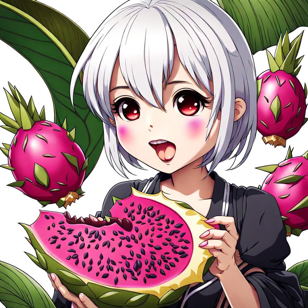 Chibi Anime Girl Eating Dragon Fruit
