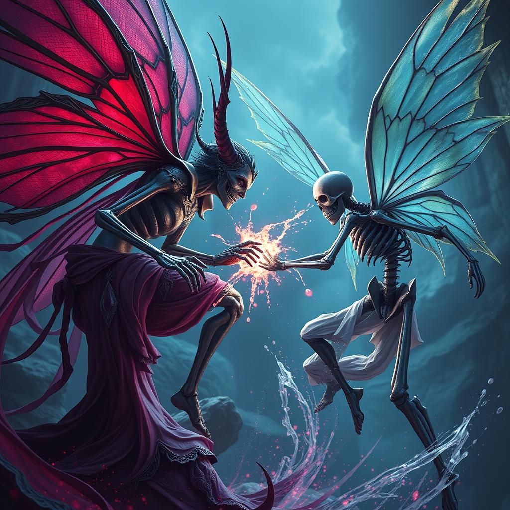 Fantastical Fairy and Skeleton Fight: Detailed Matte Paintin...