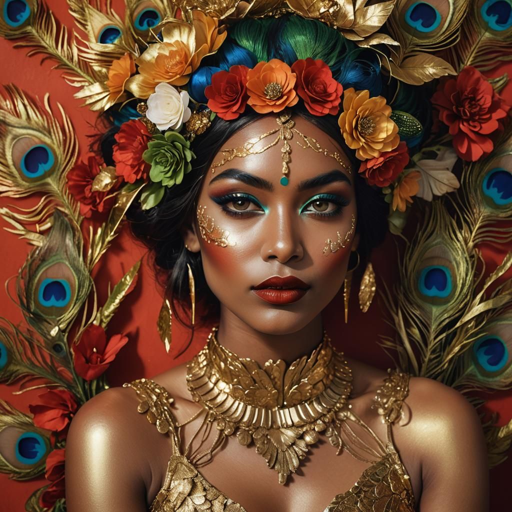 Gold-Skinned Woman with Peacock Hair in Art Nouveau Style