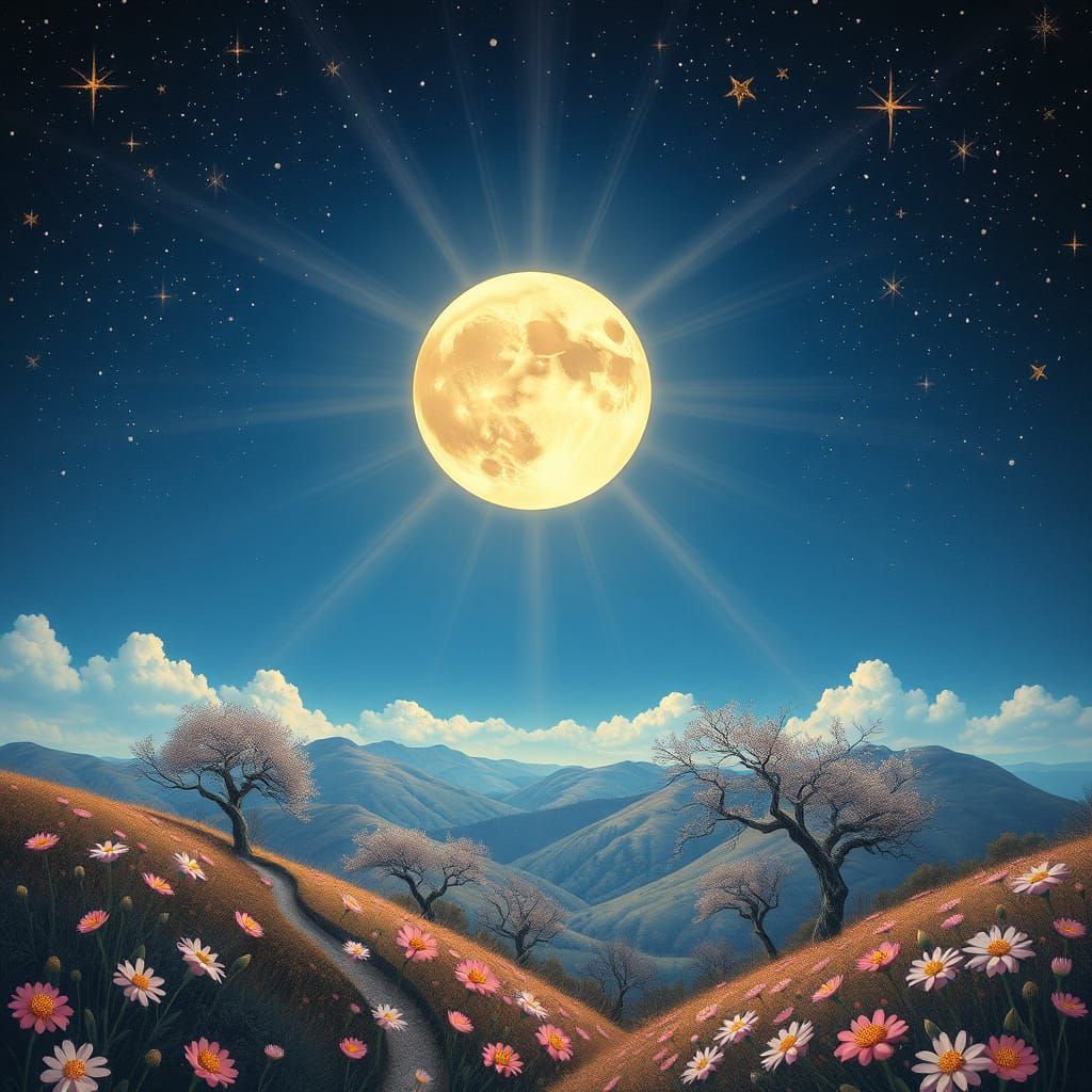 Full Moon Illuminates Dreamy Landscape in Pop Surrealism