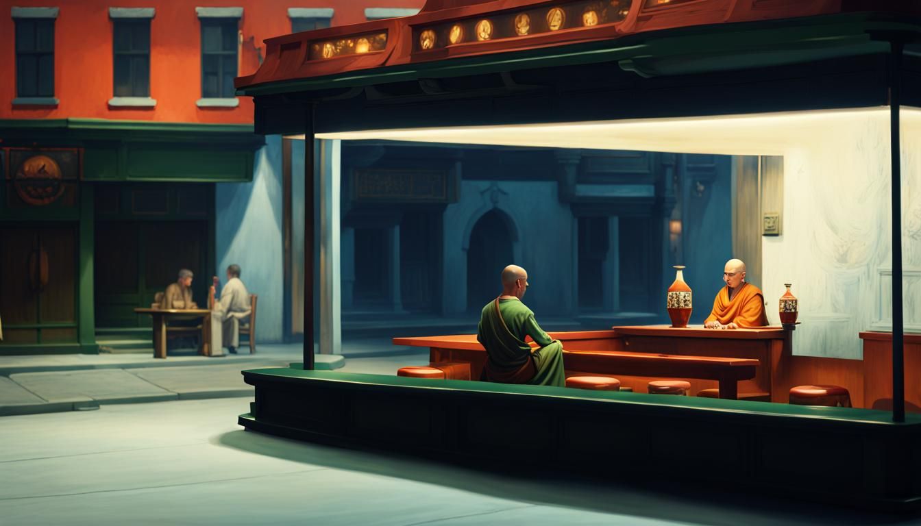 Monk in Bar, Edward Hopper Style Late Night
