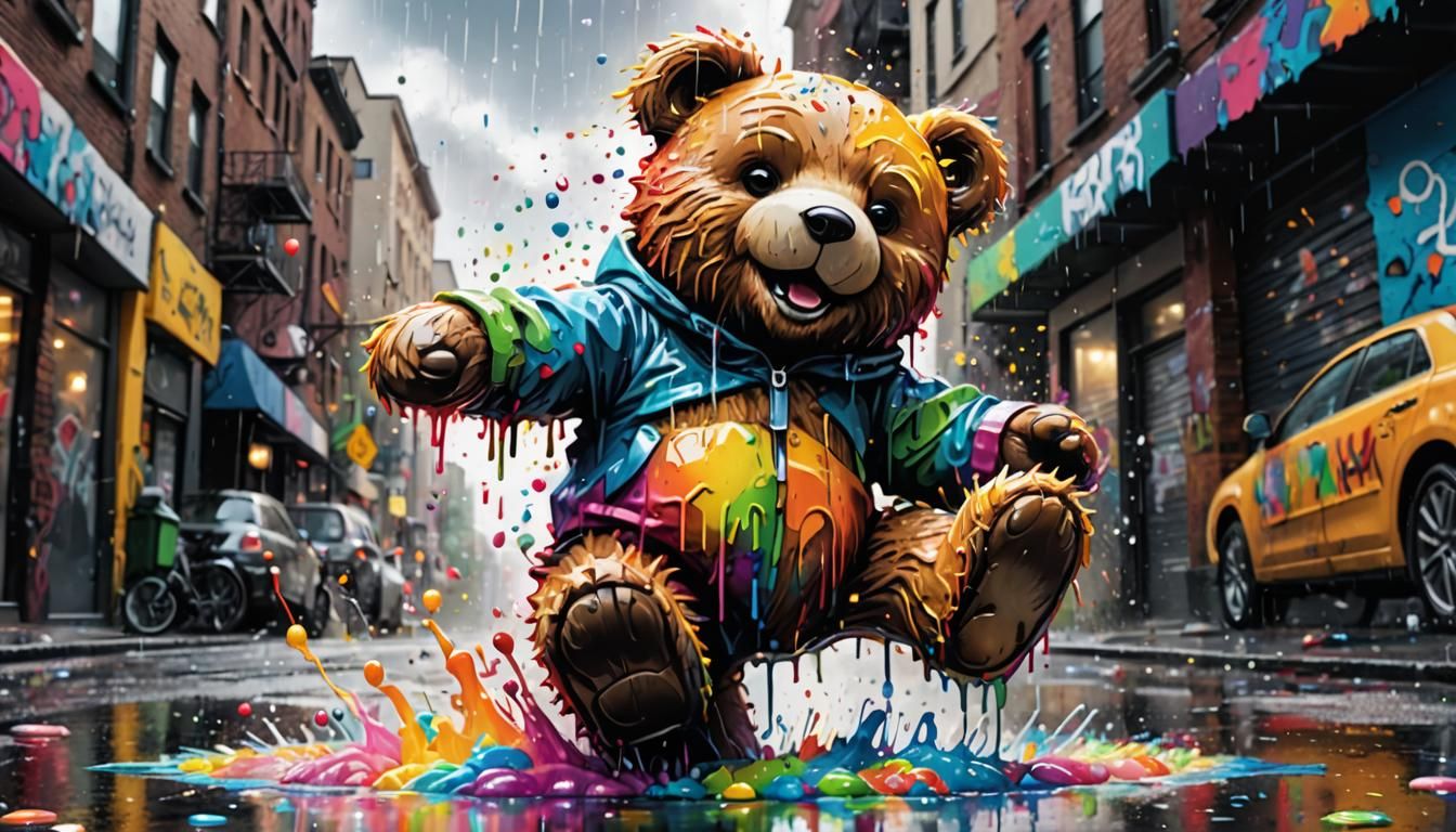 Teddy Bear Leaps into Rainbow Puddles: Graffiti Art