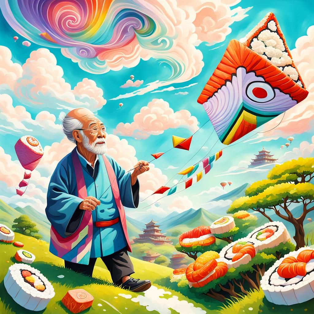 Elderly Man Flying Sushi Kite in Whimsical Style