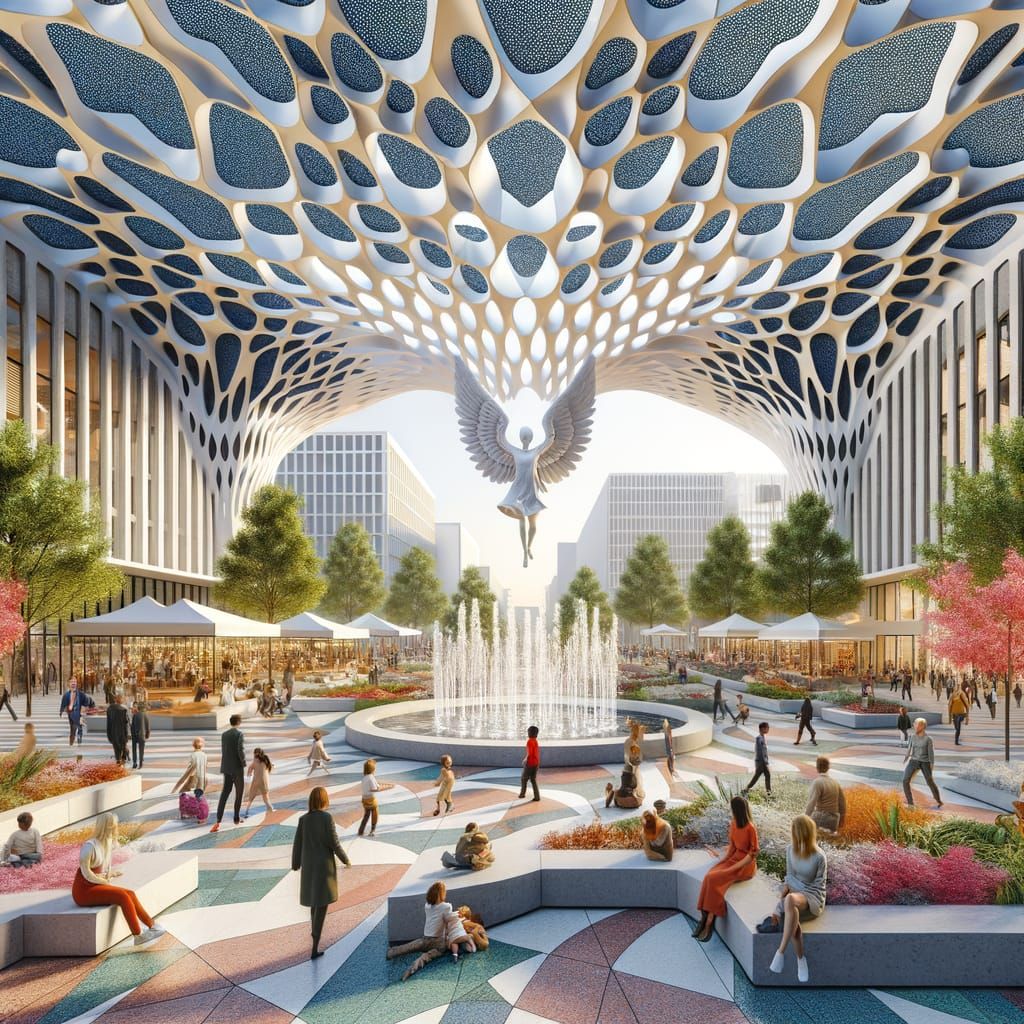 Abstract Fractal Canopy Public Square with Angel Statue