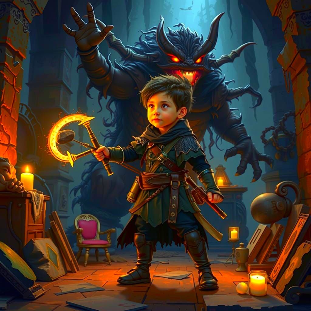 Brave Child Confronts Shadow Monster in Gothic Room