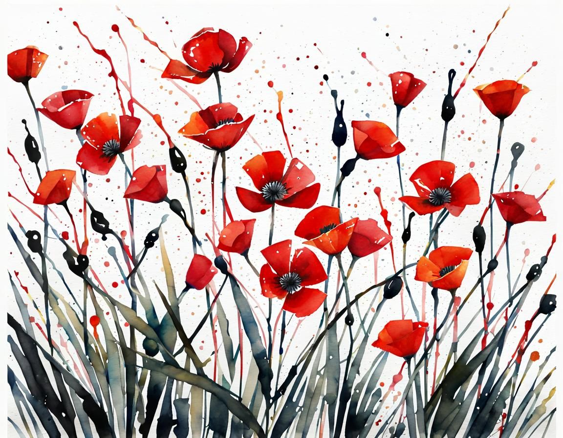 Magical Fields of Red Poppies in Watercolor Style