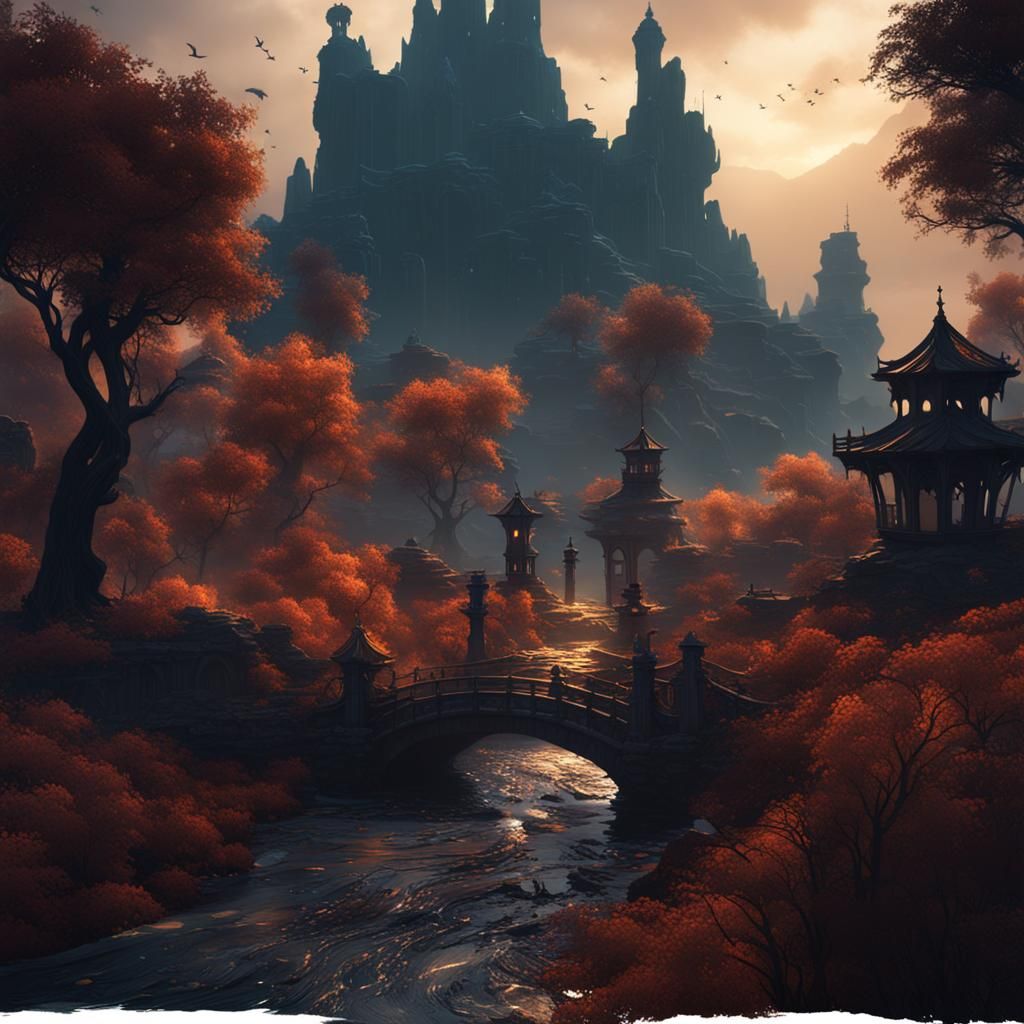 Fantastical Silhouette in Deep Color, Detailed Matte Paintin...