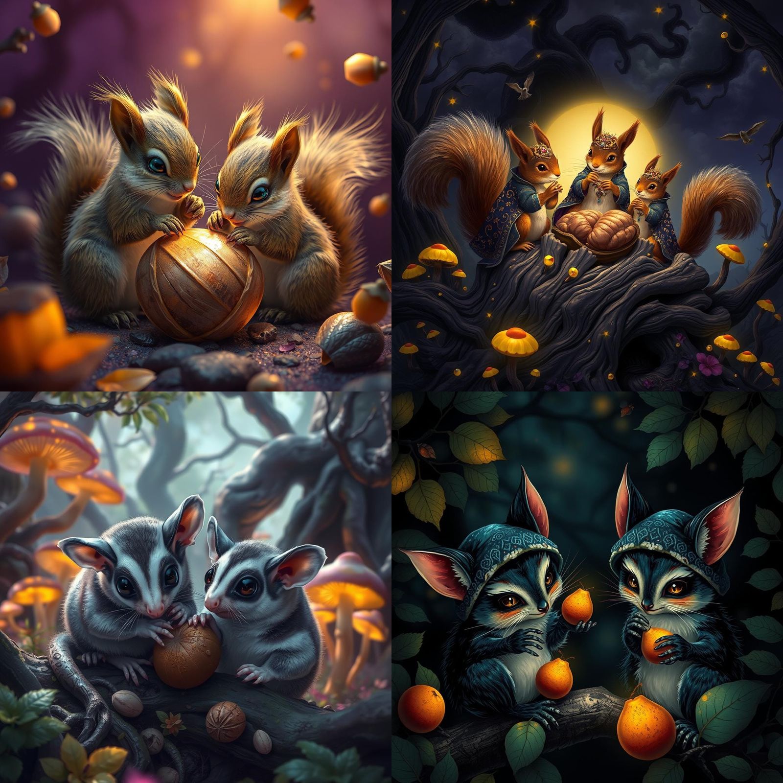 Squirrels Playing and Eating Nuts in Dark Fantasy Style