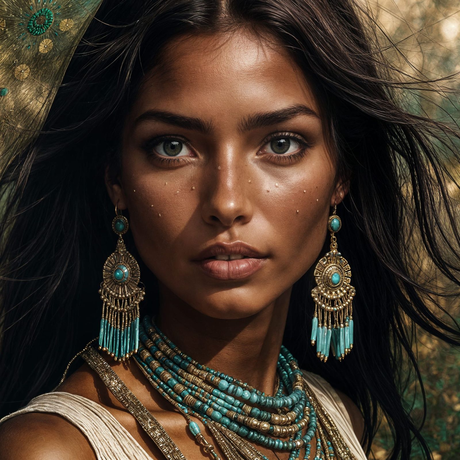 Native American Woman Portrait with Glowing Skin and Turquoi...