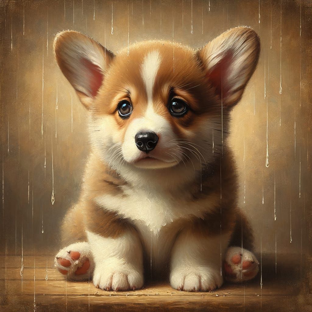 Sad Corgi Puppy in the Rain: Oil Painting