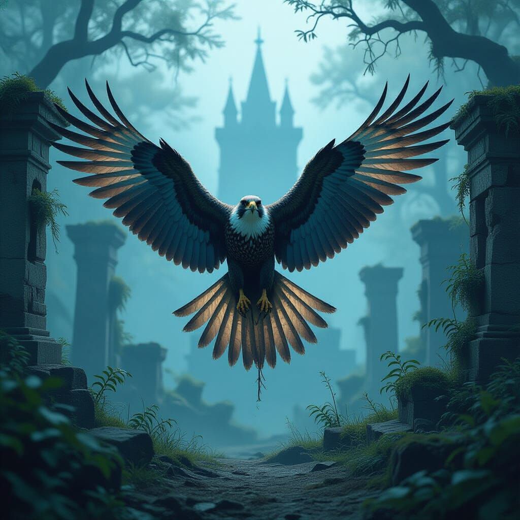 Majestic Falcon in Misty Forest Ruins