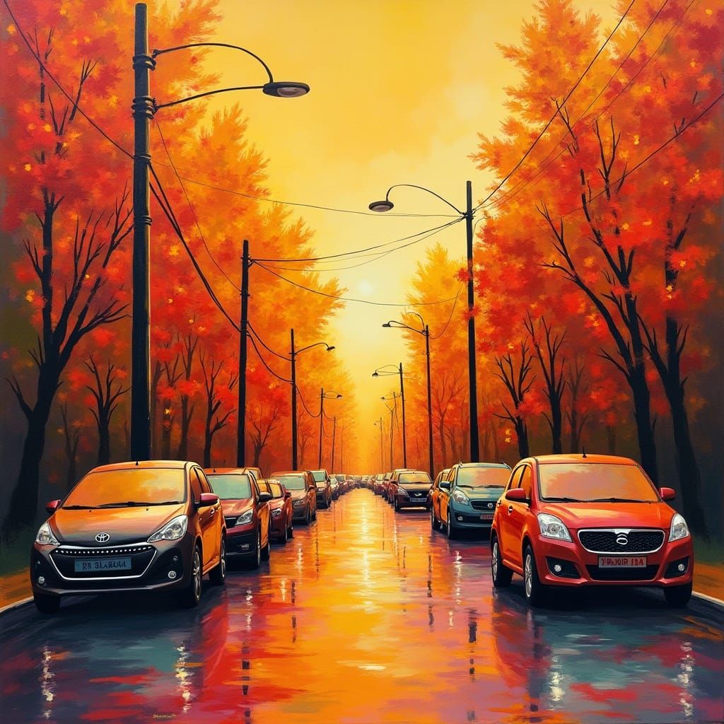 Vibrant Urban Tapestry in Turquoise, Red, and Mustard Yellow