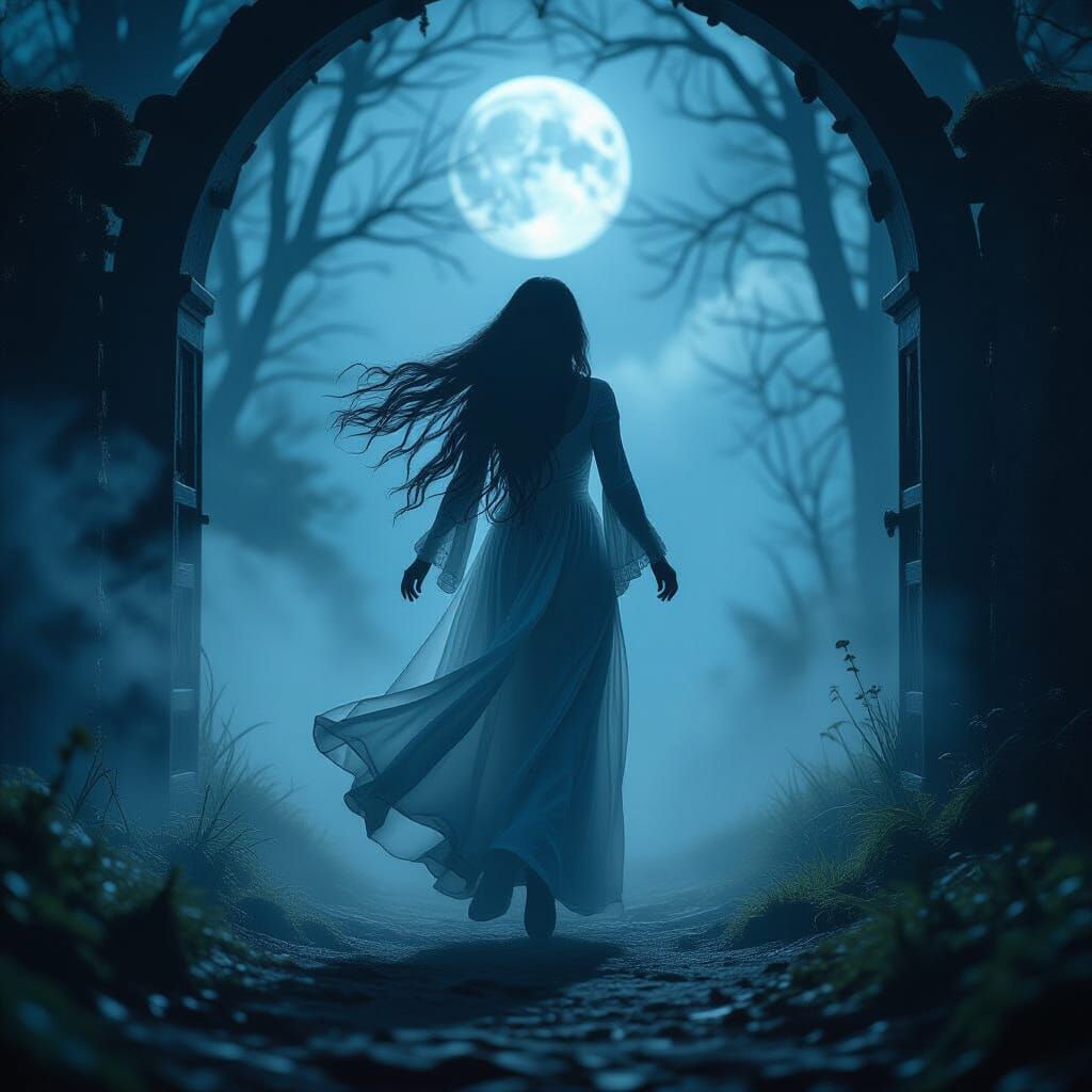 Ethereal Banshee Floating in Moonlit Enchanted Forest