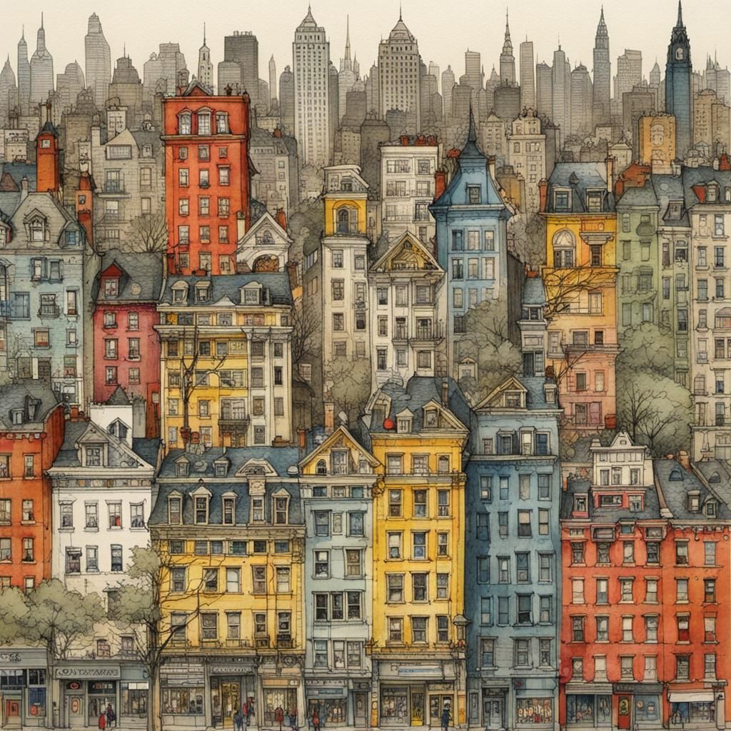 Colorful Hyperdetailed NYC Town Square