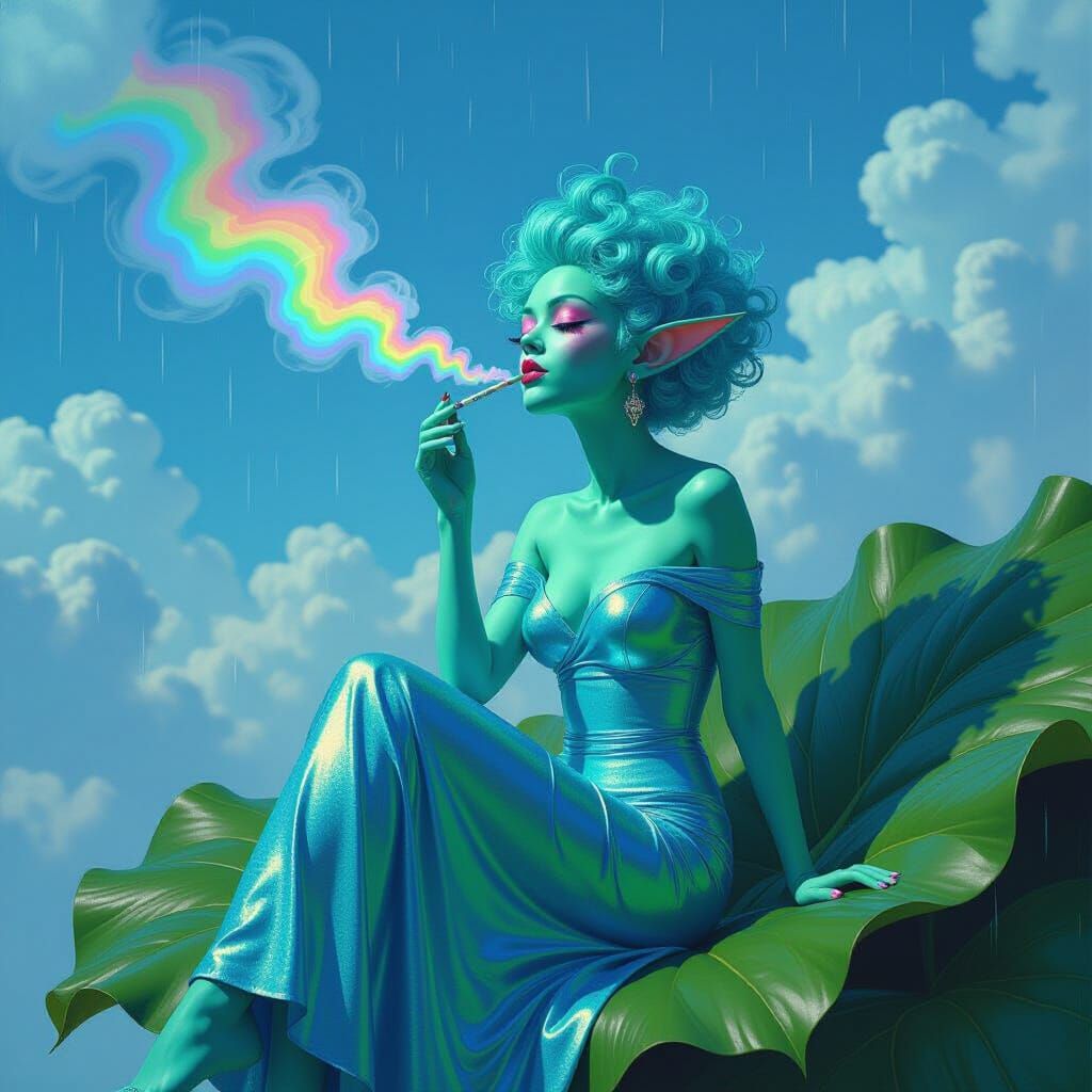 Surreal Alien-Elf Hybrid Smoking in Dark Fantasy Oil Paintin...