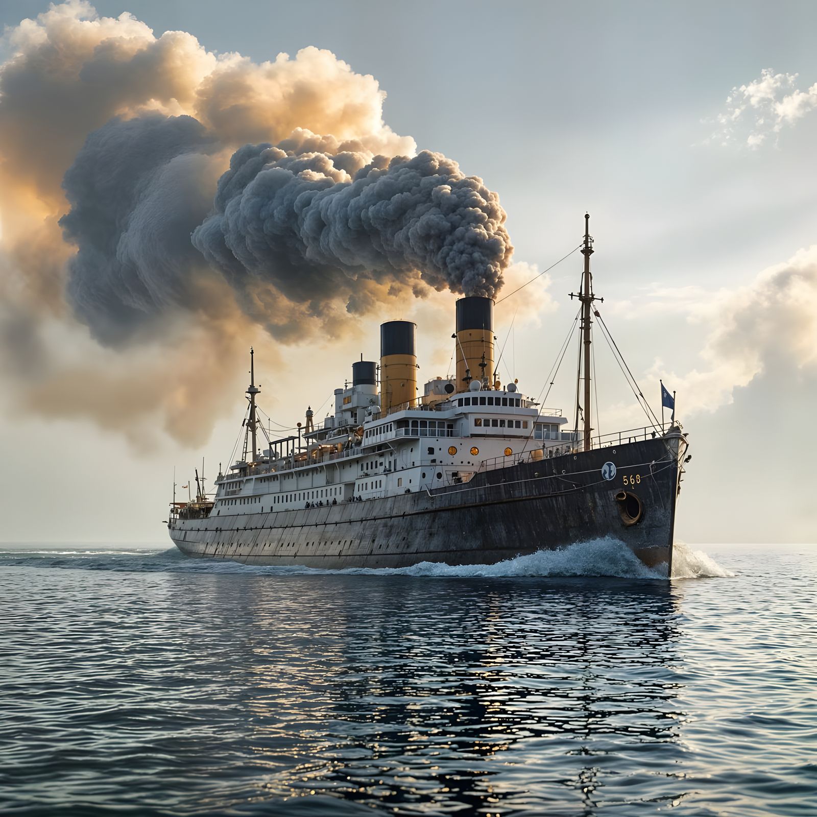 Steam Ship Amidst a Cloud of Smoke and Water