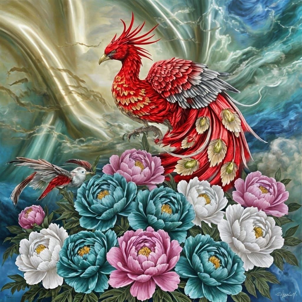 Vibrant Phoenix with Peonies Oil Painting