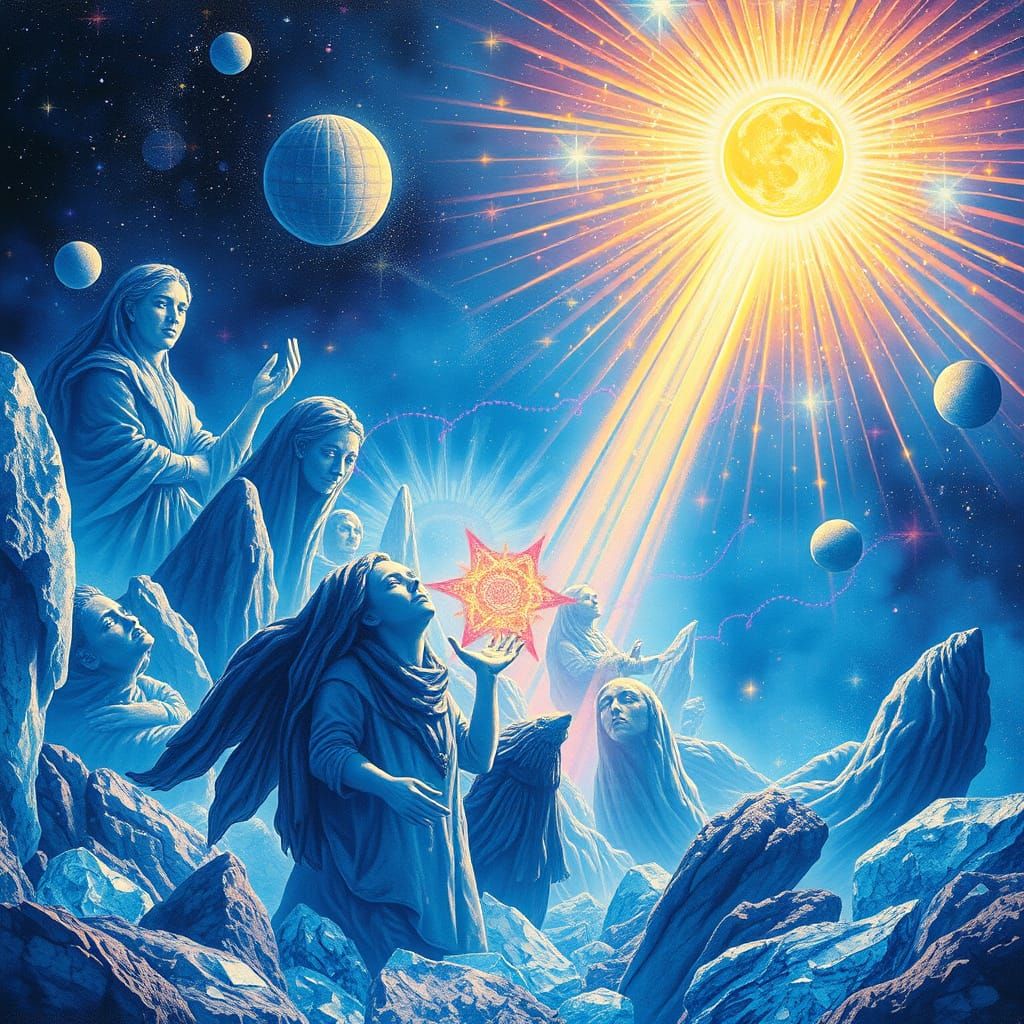 Radiant Beings in Celestial Crystal Blue Landscape