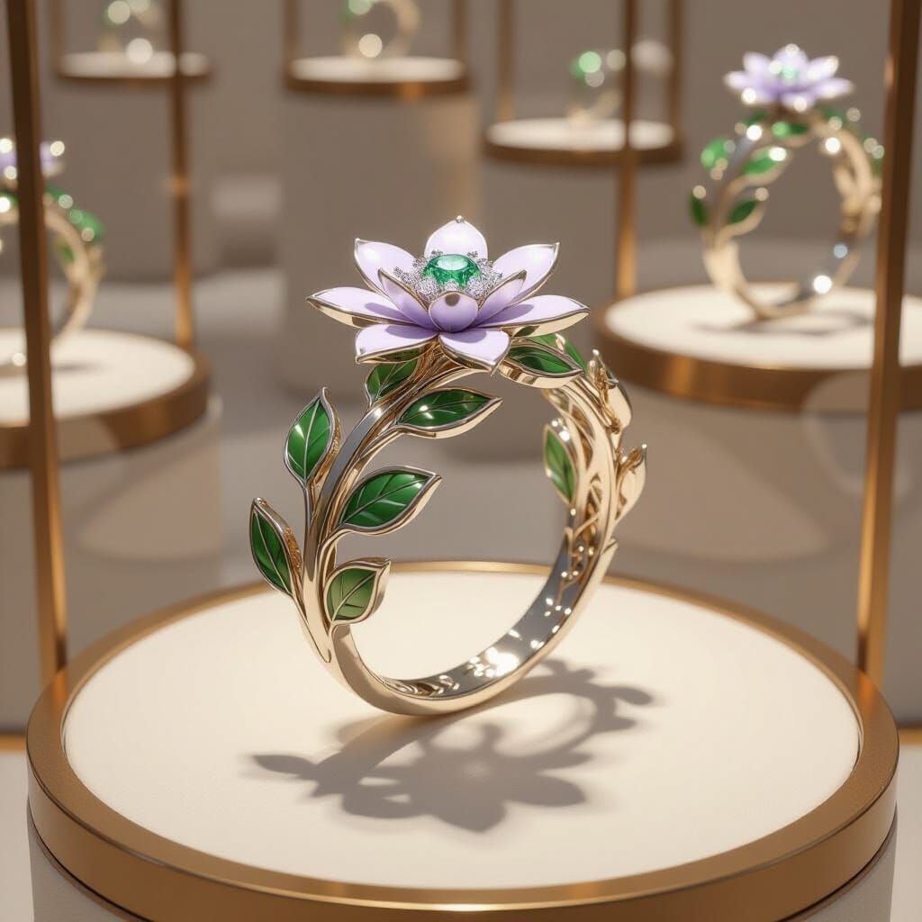 Mithril Ring Crafted as Leafy Vine with Gemstone Flower