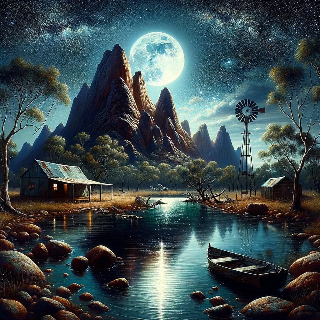 Outback Serenity: Moonlit Oil Painting of Australia