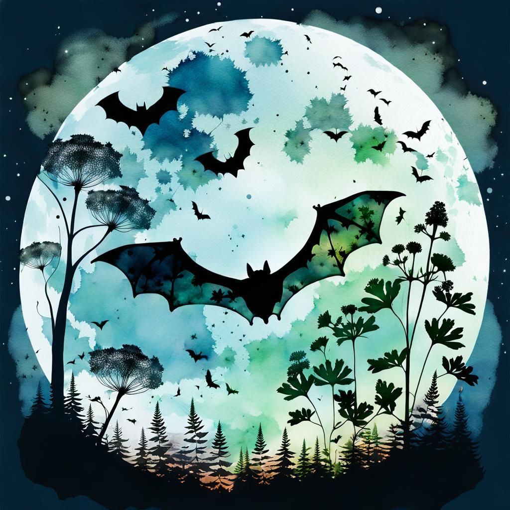 Bat Silhouette Double Exposure in Watercolour Style