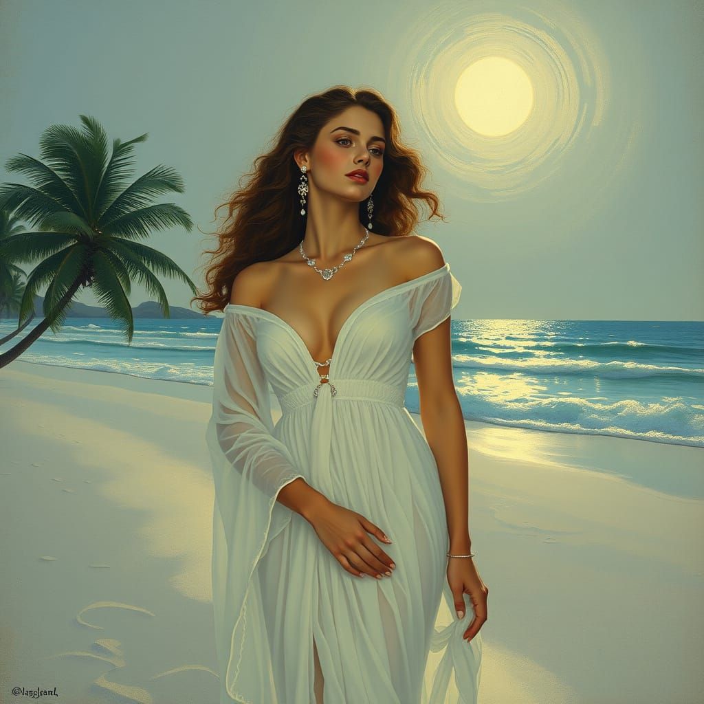 Moonlit Beach with Woman in White Dress