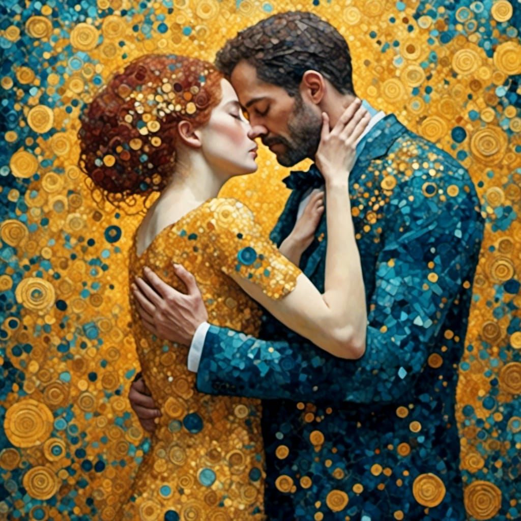 Klimt Style Couple Embrace with Geometric Details