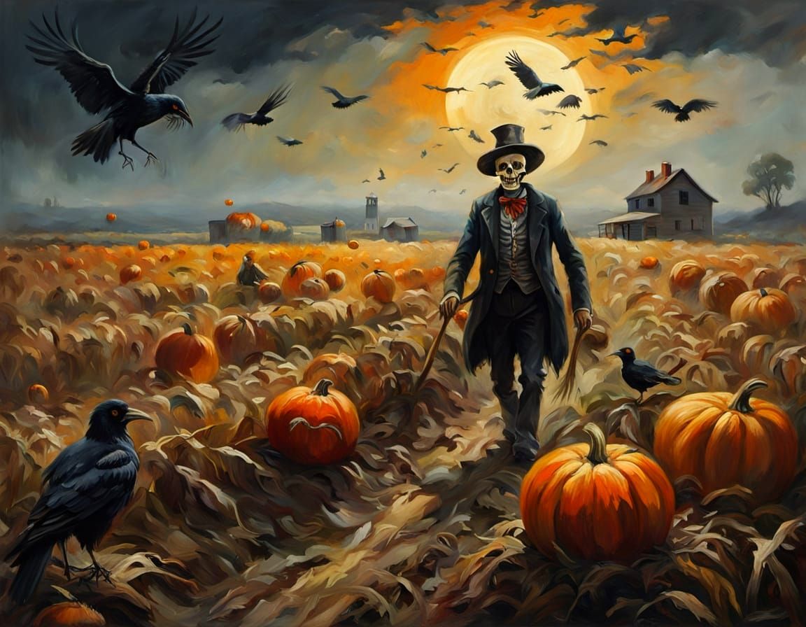 Skeletons Harvest Cornfield Oil Painting