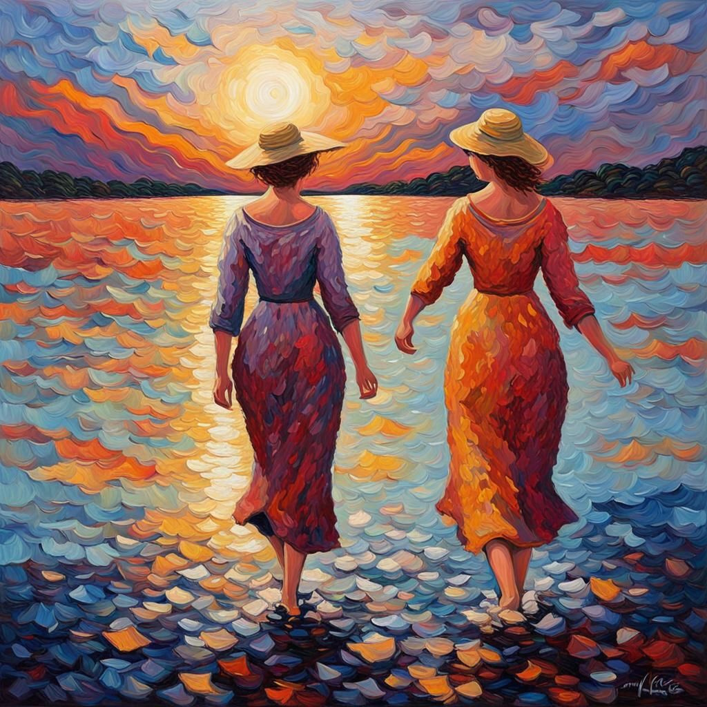 Ladies Enjoying the Midnight Sun as Impasto Painting