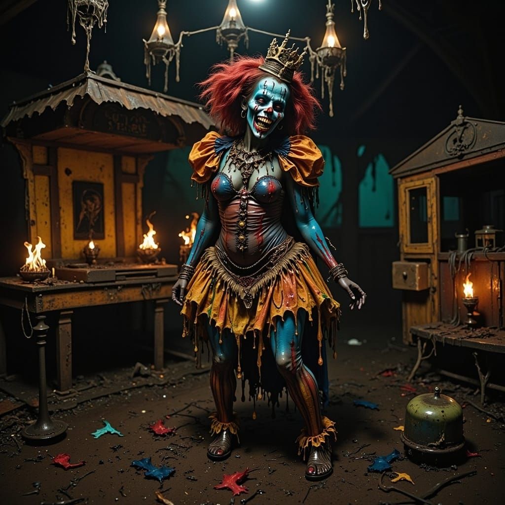 Menacing Clown in a Run-Down Carnival Tent